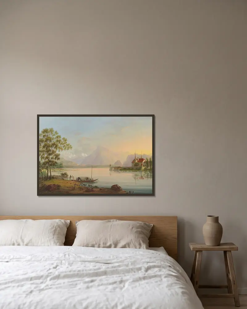 Thoun vid Thunersjön av Johann Ludwig Bleuler inramad på en vägg
