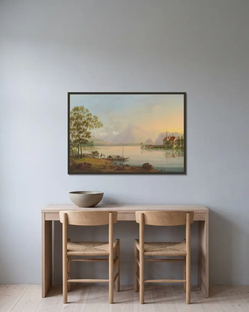 Thoun vid Thunersjön av Johann Ludwig Bleuler inramad på en vägg