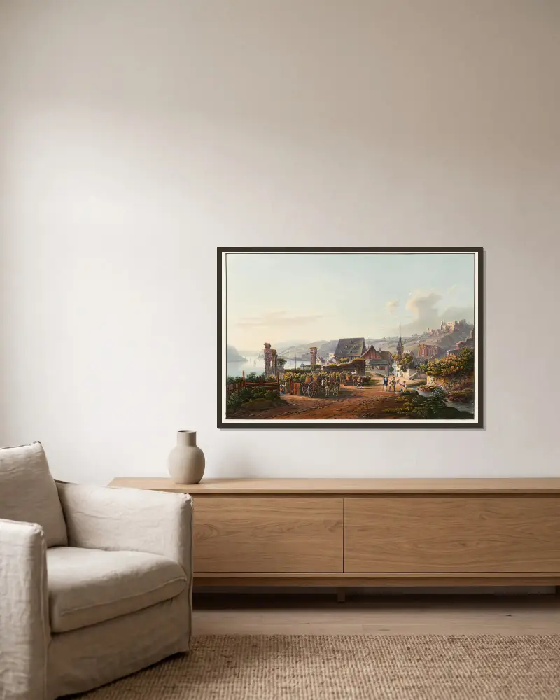 Blick auf Bacharach und die Ruine Stahleck von Johann Ludwig Bleuler gerahmt an einer Wand