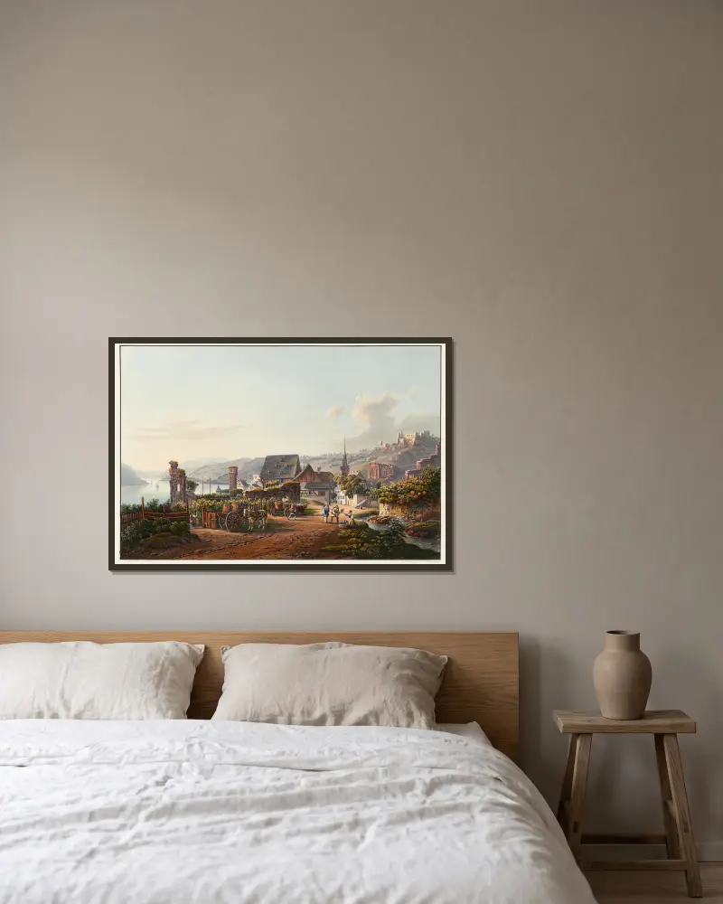 Blick auf Bacharach und die Ruine Stahleck von Johann Ludwig Bleuler gerahmt an einer Wand