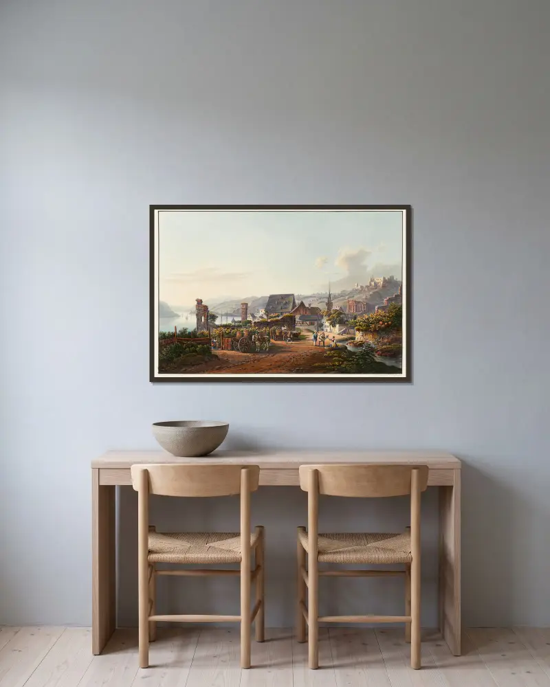 Blick auf Bacharach und die Ruine Stahleck von Johann Ludwig Bleuler gerahmt an einer Wand