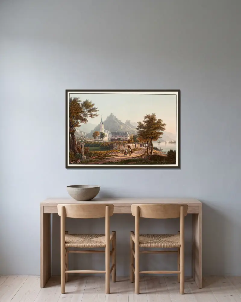 Utsikt mot Bornhofen, ruinerna Liebenstein och Sternberg, eller de två bröderna av Johann Ludwig Bleuler inramad på en vägg