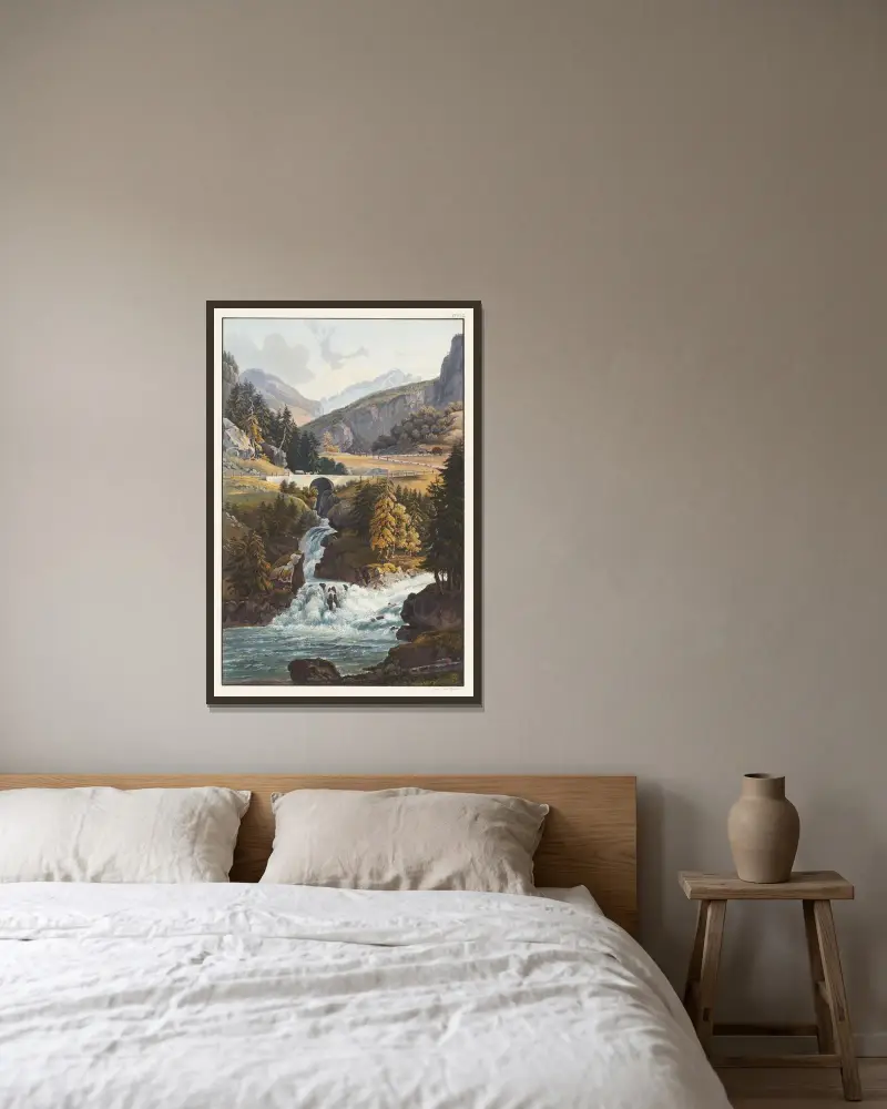 Blick auf den Rheinfall und den Aversbach im Roflen von Johann Ludwig Bleuler gerahmt an einer Wand