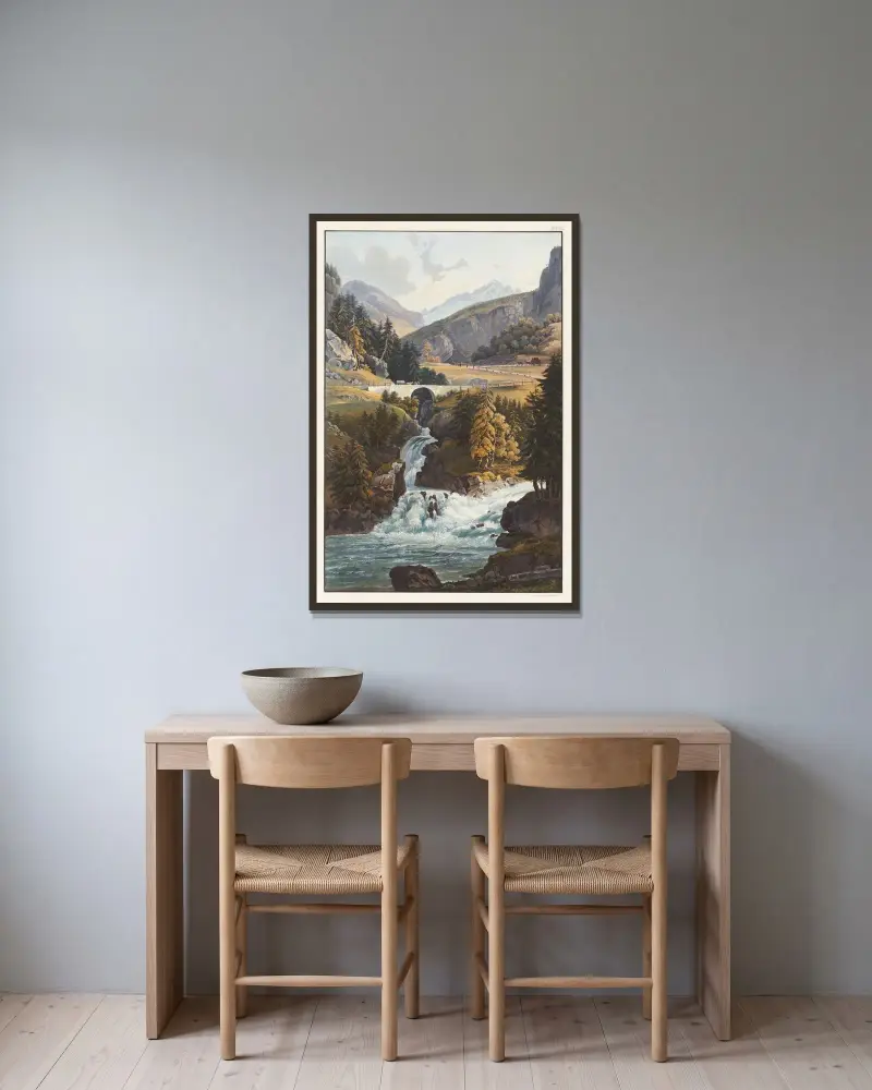 Blick auf den Rheinfall und den Aversbach im Roflen von Johann Ludwig Bleuler gerahmt an einer Wand