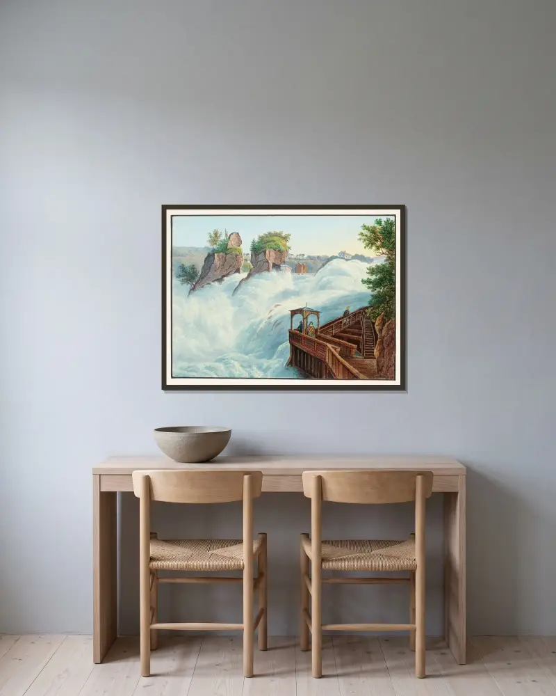 Vy av Rhenfallet, sett från Fichetz av Johann Ludwig Bleuler inramad på en vägg