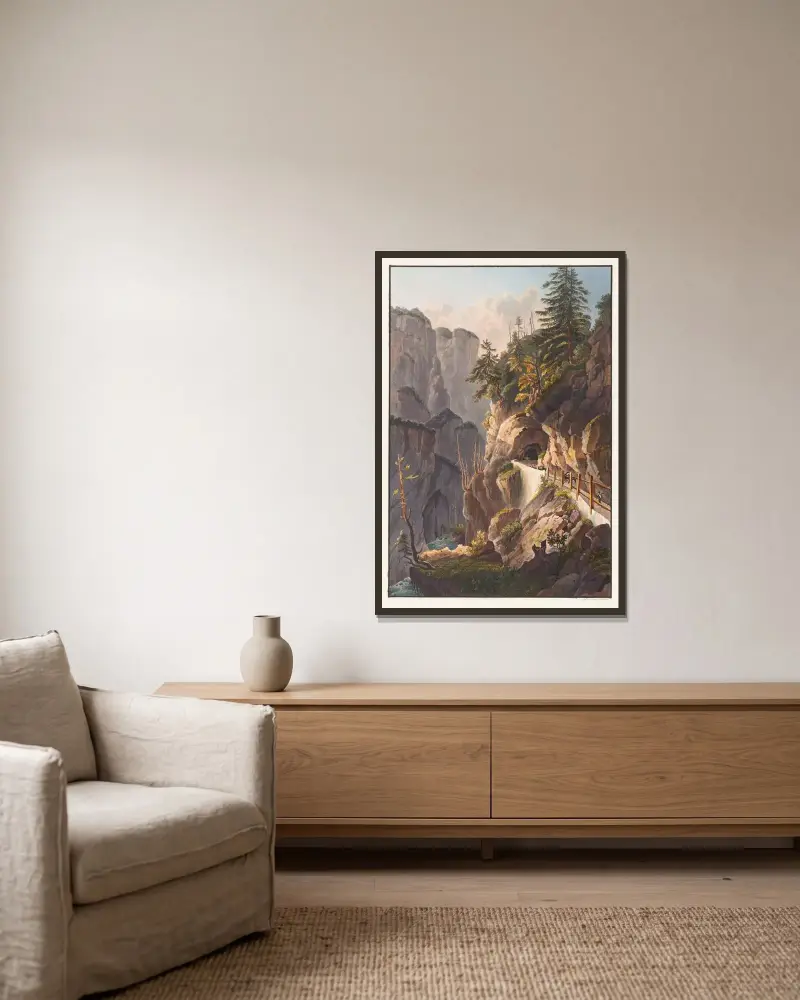 Vy av den förlorade galleriet på väg från Tousis av Johann Ludwig Bleuler inramad på en vägg