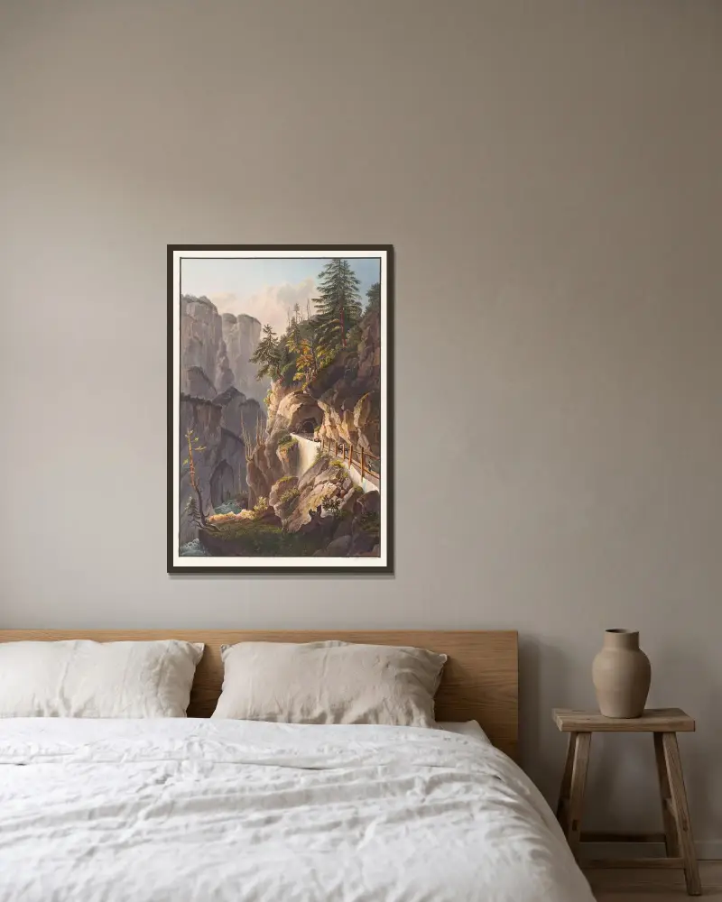 Vy av den förlorade galleriet på väg från Tousis av Johann Ludwig Bleuler inramad på en vägg