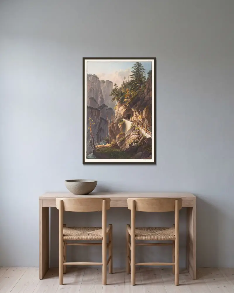 Vy av den förlorade galleriet på väg från Tousis av Johann Ludwig Bleuler inramad på en vägg
