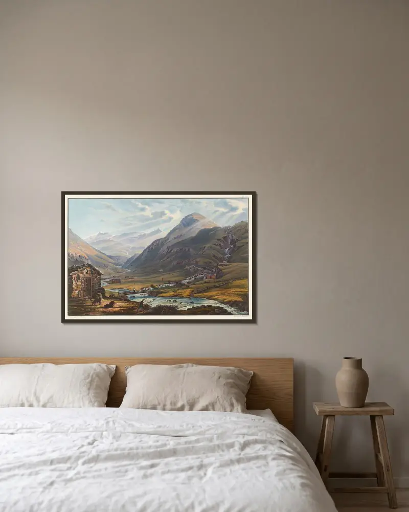 Vy över mötet mellan Rhens två källfloder vid Mont Badus och Crispalt, taget nära Chiamut av Johann Ludwig Bleuler inramad på en vägg