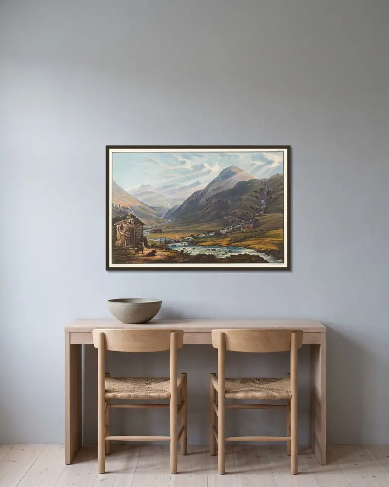Vy över mötet mellan Rhens två källfloder vid Mont Badus och Crispalt, taget nära Chiamut av Johann Ludwig Bleuler inramad på en vägg