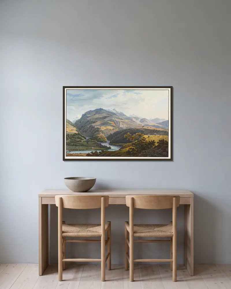 Vue de la réunion des deux bras du Rhin supérieur et du Rhin du milieu prise près le couvent de Dissentis av Johann Ludwig Bleuler inramad på en vägg