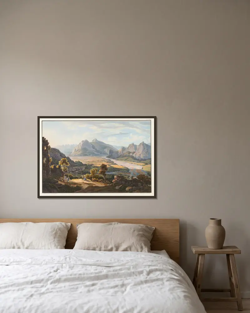 Ansicht der Ruine Haldenstein oberhalb von Ragaz und der Stadt Sargans von Johann Ludwig Bleuler gerahmt an einer Wand