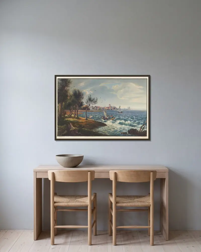Vy av staden Arbon och Bodensjön av Johann Ludwig Bleuler inramad på en vägg