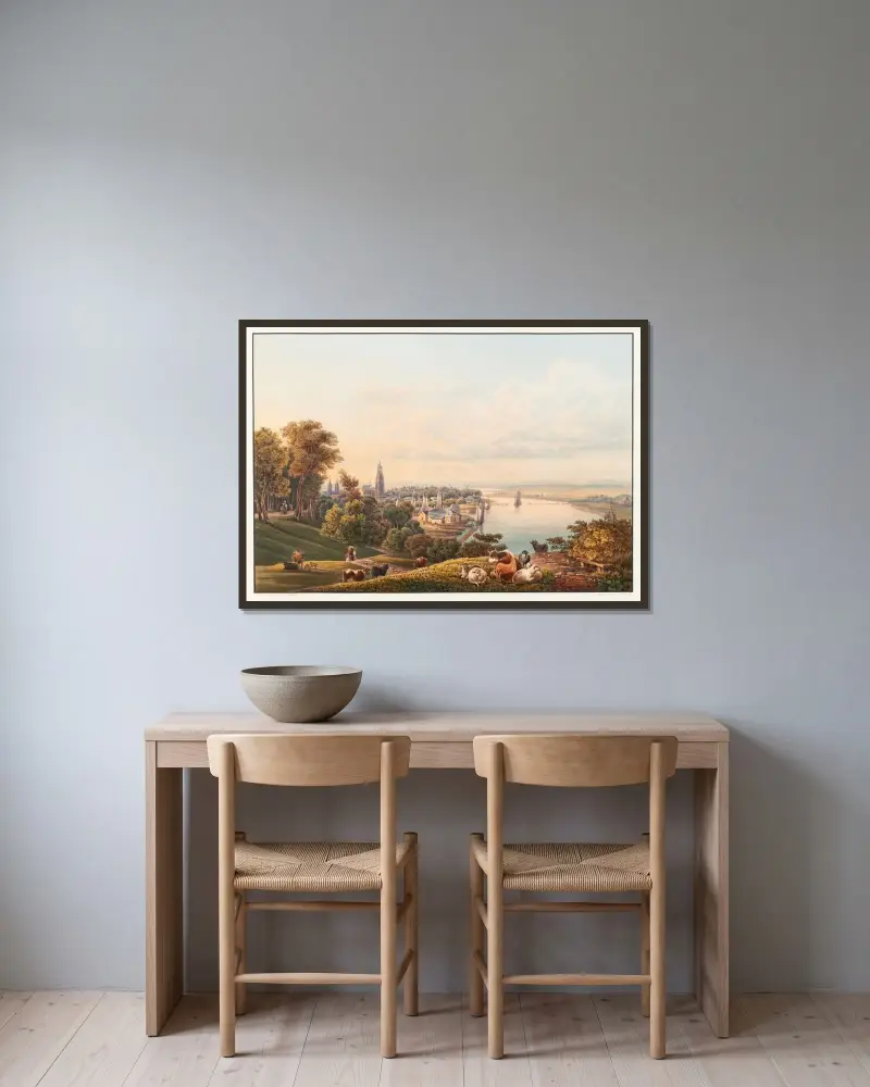 Vy av staden Arnhem av Johann Ludwig Bleuler inramad på en vägg