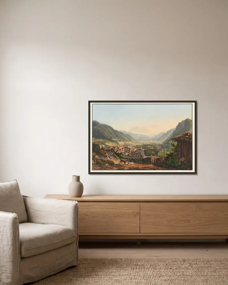 Vue de la ville de Coire et de ses environs av Johann Ludwig Bleuler inramad på en vägg