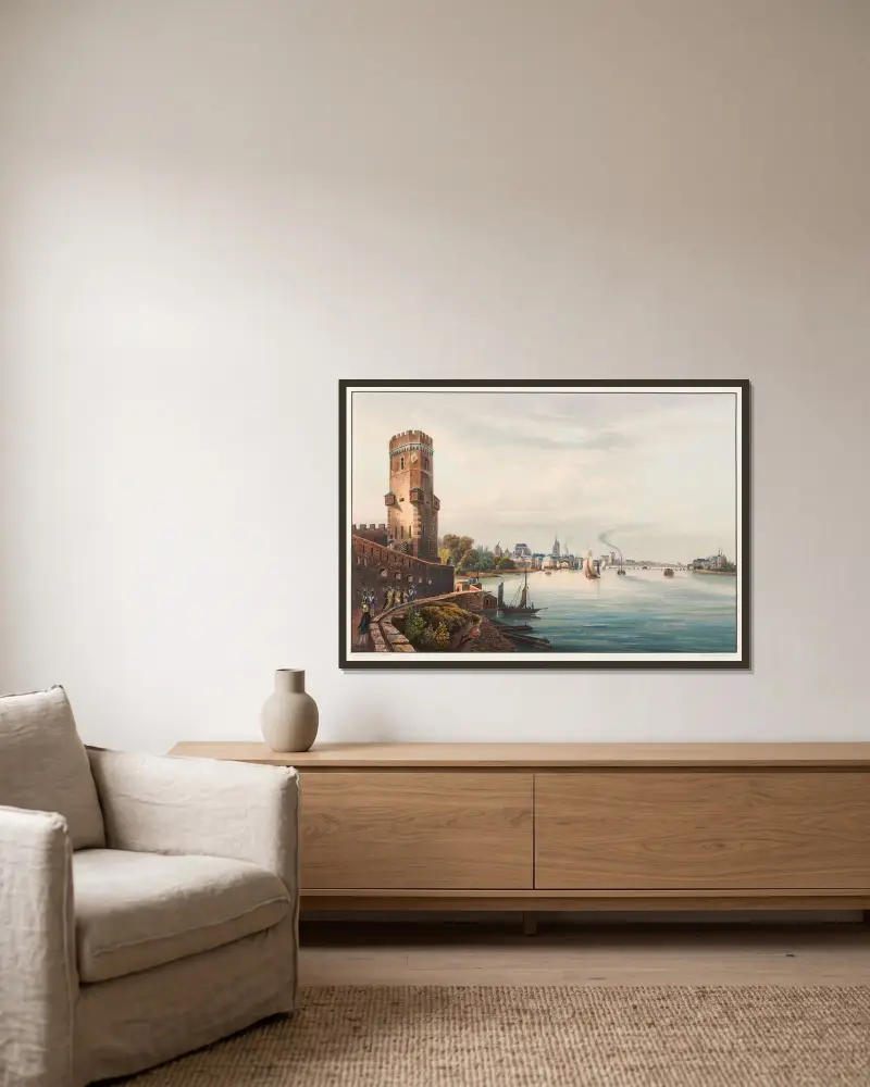 Blick auf die Stadt Köln vom Bayenturm von Johann Ludwig Bleuler gerahmt an einer Wand