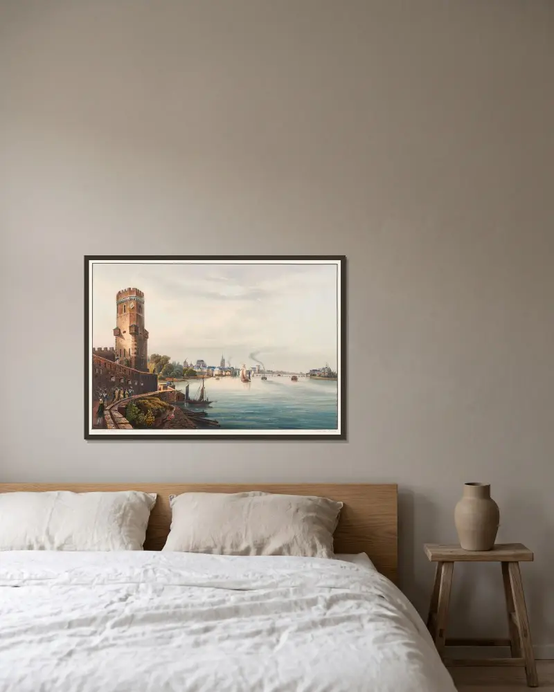 Blick auf die Stadt Köln vom Bayenturm von Johann Ludwig Bleuler gerahmt an einer Wand