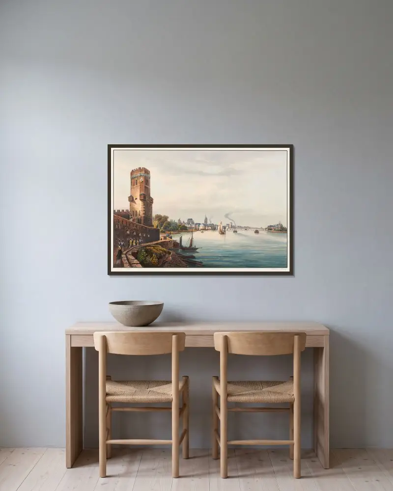 Blick auf die Stadt Köln vom Bayenturm von Johann Ludwig Bleuler gerahmt an einer Wand