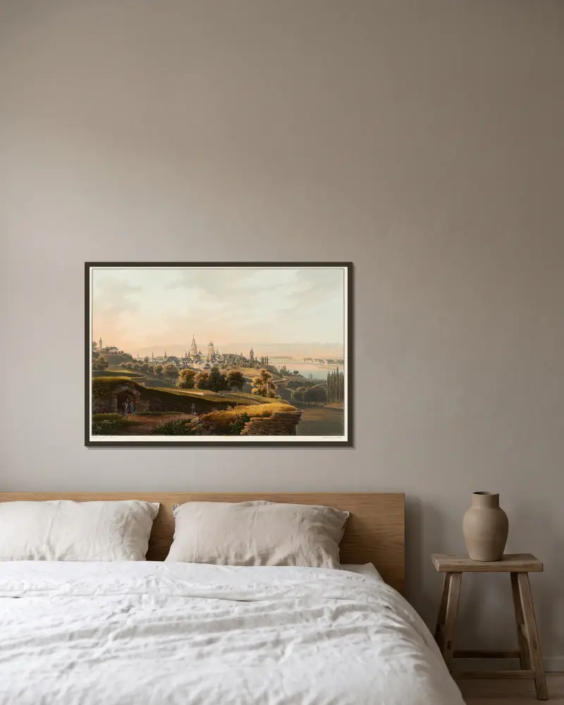 Vy av staden Mainz och dess omgivningar av Johann Ludwig Bleuler inramad på en vägg
