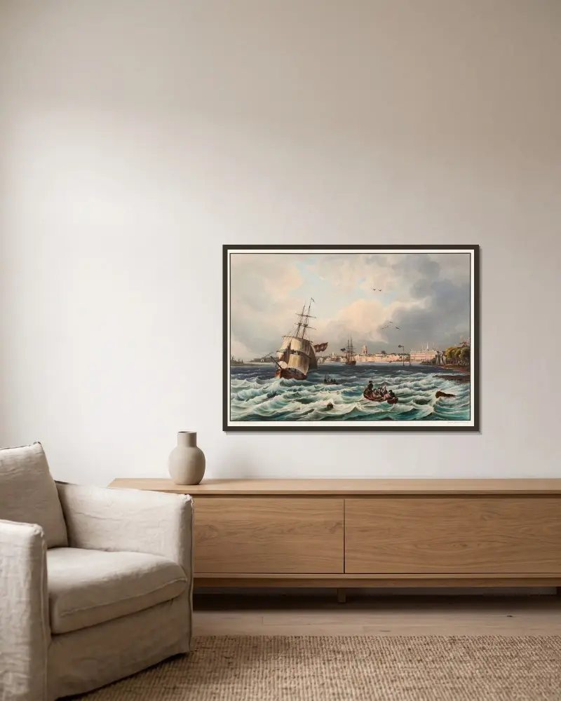 Vy över staden Rotterdam av Johann Ludwig Bleuler inramad på en vägg