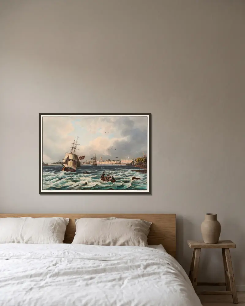 Vy över staden Rotterdam av Johann Ludwig Bleuler inramad på en vägg