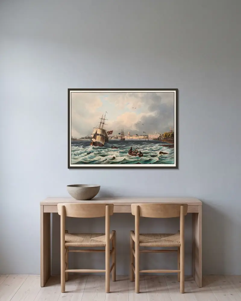 Vy över staden Rotterdam av Johann Ludwig Bleuler inramad på en vägg