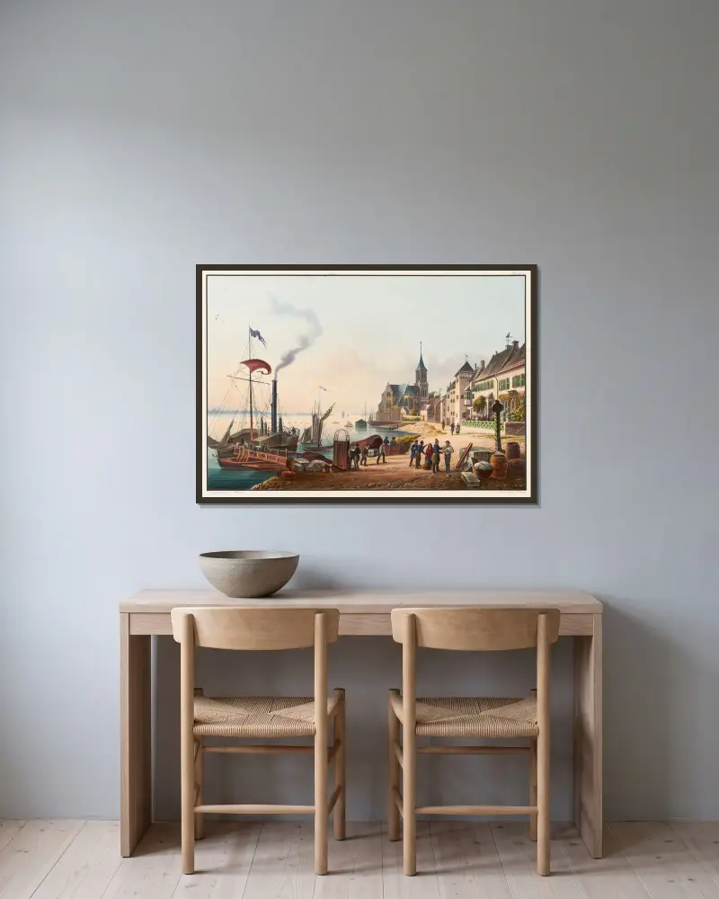 Vy av staden Emerich, preussiska gränsen av Johann Ludwig Bleuler inramad på en vägg