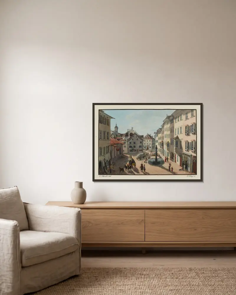 Vy av det inre av staden Schaffhausen tagen nära Krone av Johann Ludwig Bleuler inramad på en vägg
