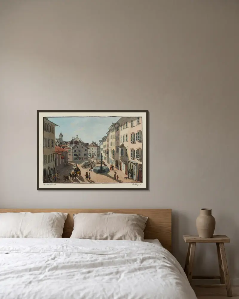 Vy av det inre av staden Schaffhausen tagen nära Krone av Johann Ludwig Bleuler inramad på en vägg