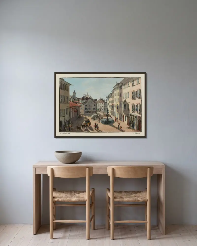 Vy av det inre av staden Schaffhausen tagen nära Krone av Johann Ludwig Bleuler inramad på en vägg