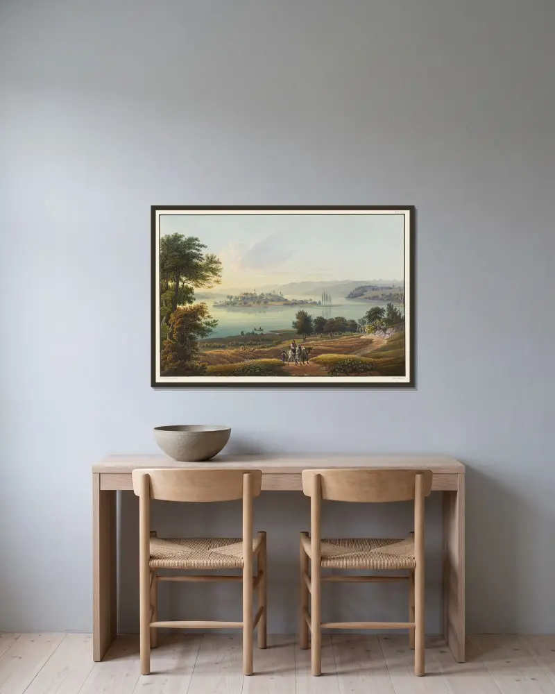 Vy över ön Meynau i Bodensjön av Johann Ludwig Bleuler inramad på en vägg