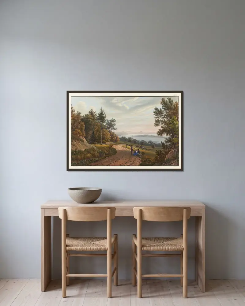 Vy över ön Reichenau i Bodensjön av Johann Ludwig Bleuler inramad på en vägg