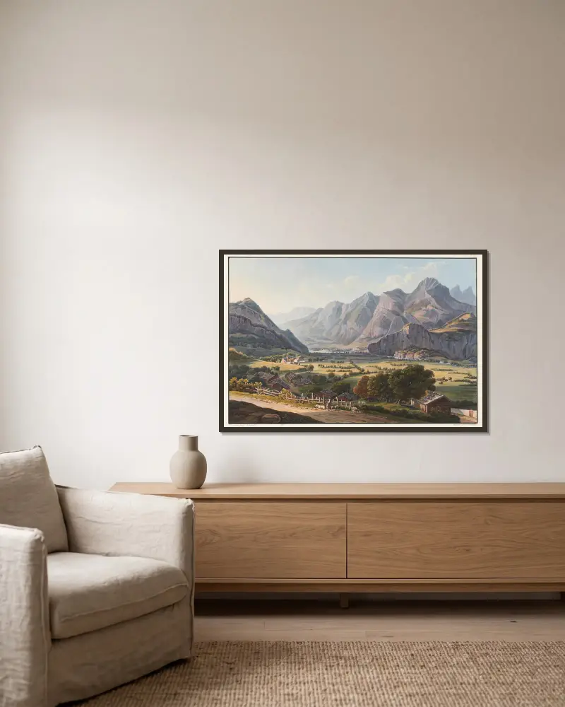 Vue des montagnes de Raticon, prise au dessous du château de Sargans av Johann Ludwig Bleuler inramad på en vägg