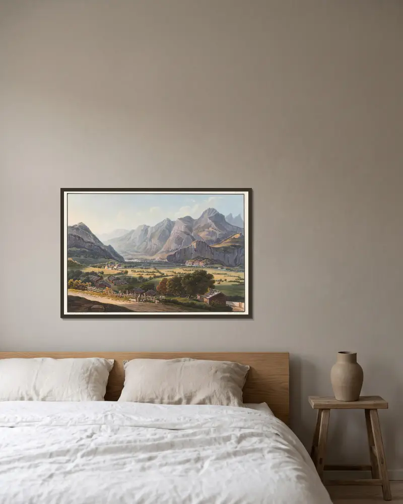 Vue des montagnes de Raticon, prise au dessous du château de Sargans av Johann Ludwig Bleuler inramad på en vägg