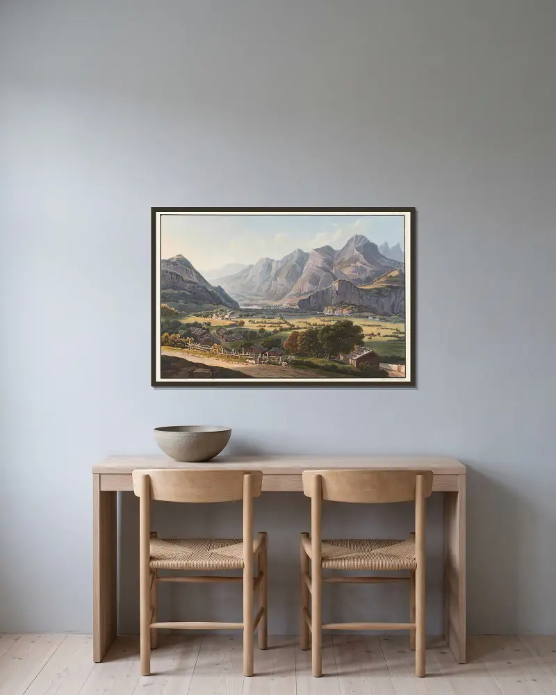 Vue des montagnes de Raticon, prise au dessous du château de Sargans av Johann Ludwig Bleuler inramad på en vägg