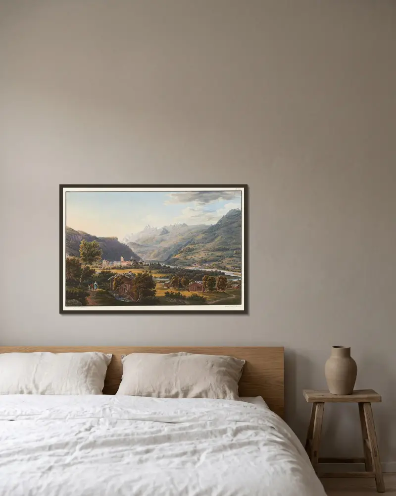 Vy av Ilanz, första staden vid övre Rhens strand av Johann Ludwig Bleuler inramad på en vägg