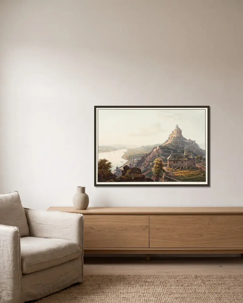 Vue du château de Marksbourg vers Braubach av Johann Ludwig Bleuler inramad på en vägg