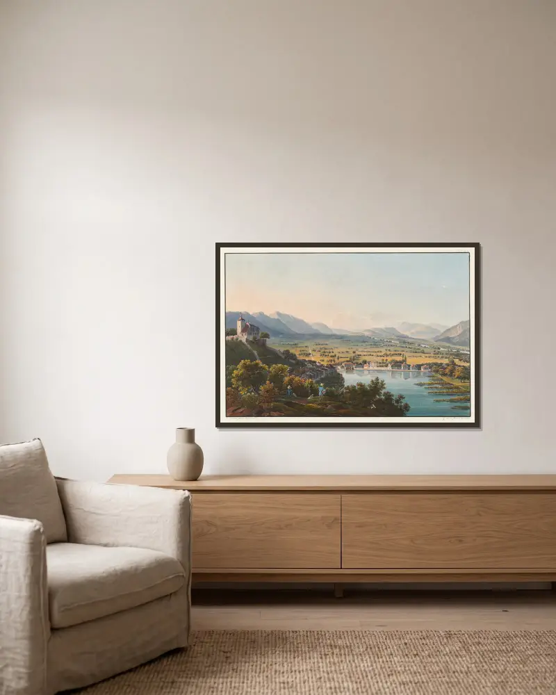 Vue du chateau de Werdenberg et du val du Rhin av Johann Ludwig Bleuler inramad på en vägg