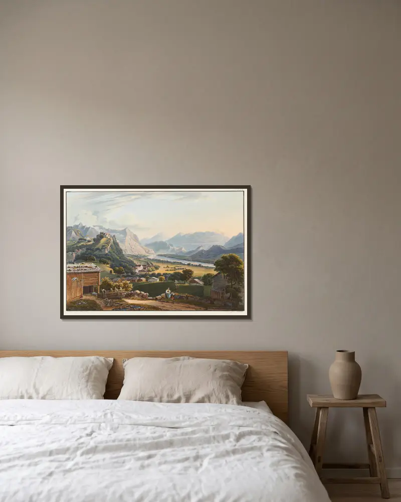 Vue du château et du village de Vaduz av Johann Ludwig Bleuler inramad på en vägg