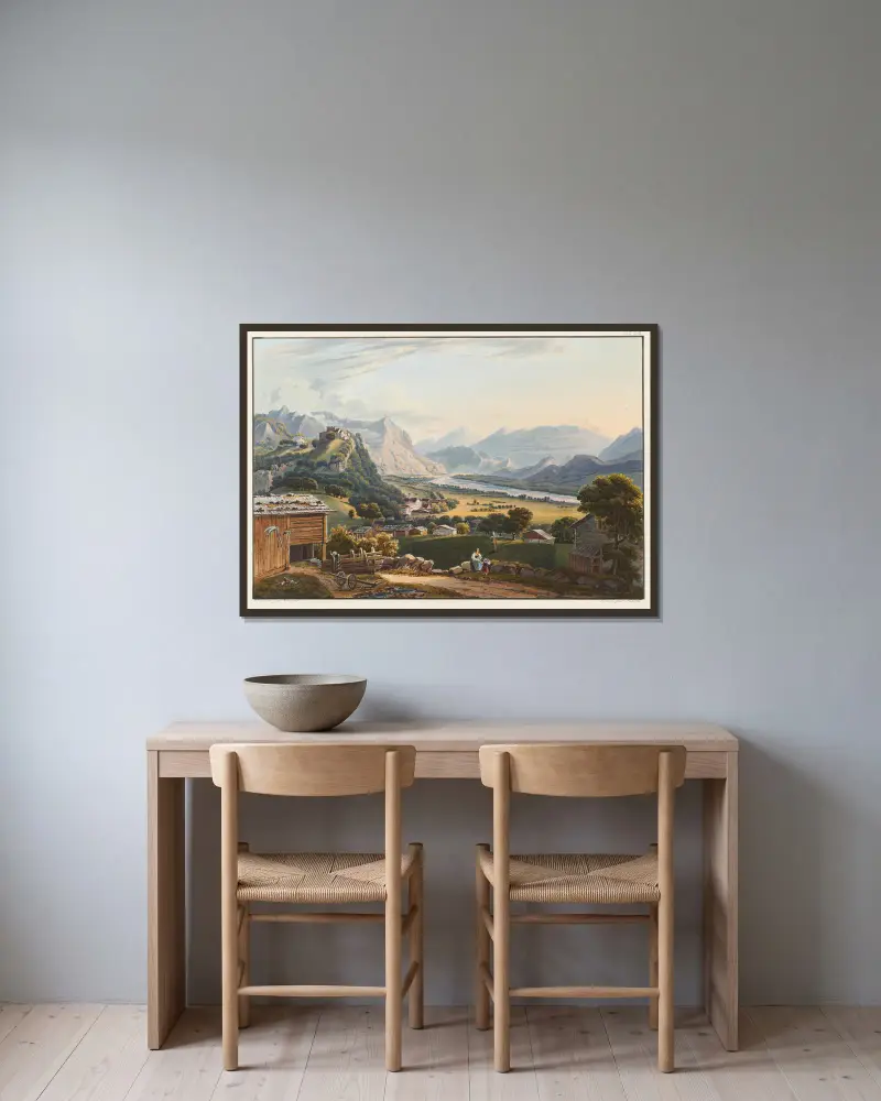 Vue du château et du village de Vaduz av Johann Ludwig Bleuler inramad på en vägg