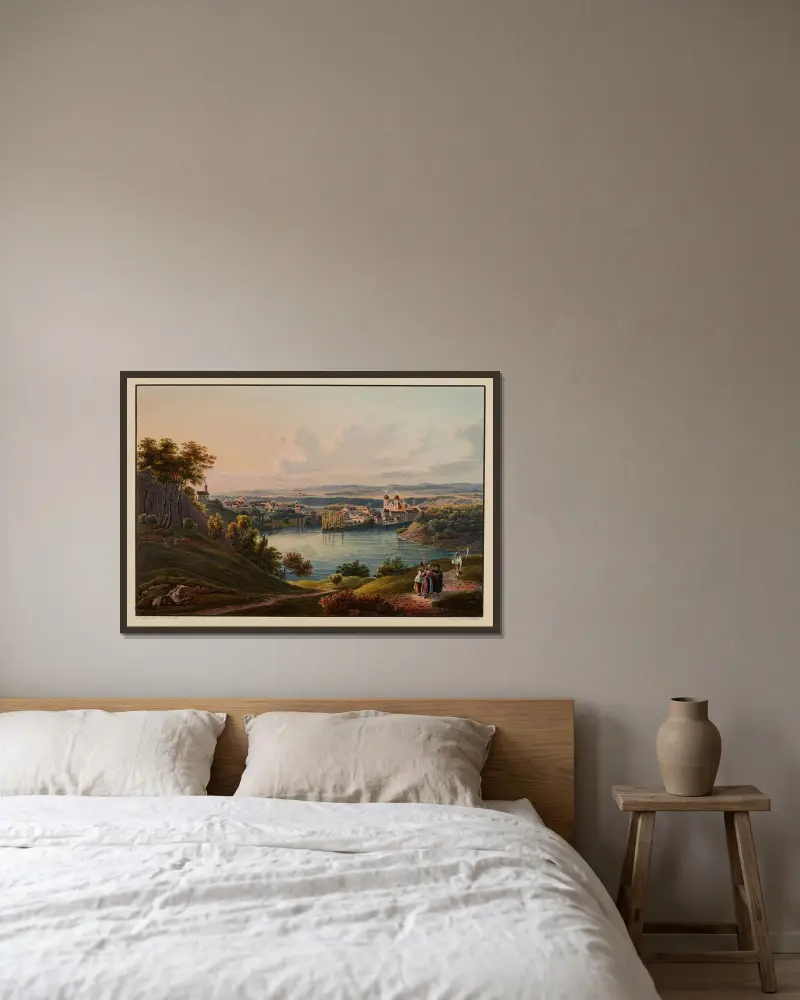 Vy över klostret Rheinau, kantonen Zürich av Johann Ludwig Bleuler inramad på en vägg