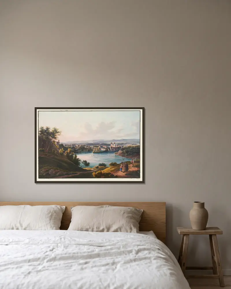 Vy över Rheinau kloster, kantonen Zürich av Johann Ludwig Bleuler inramad på en vägg