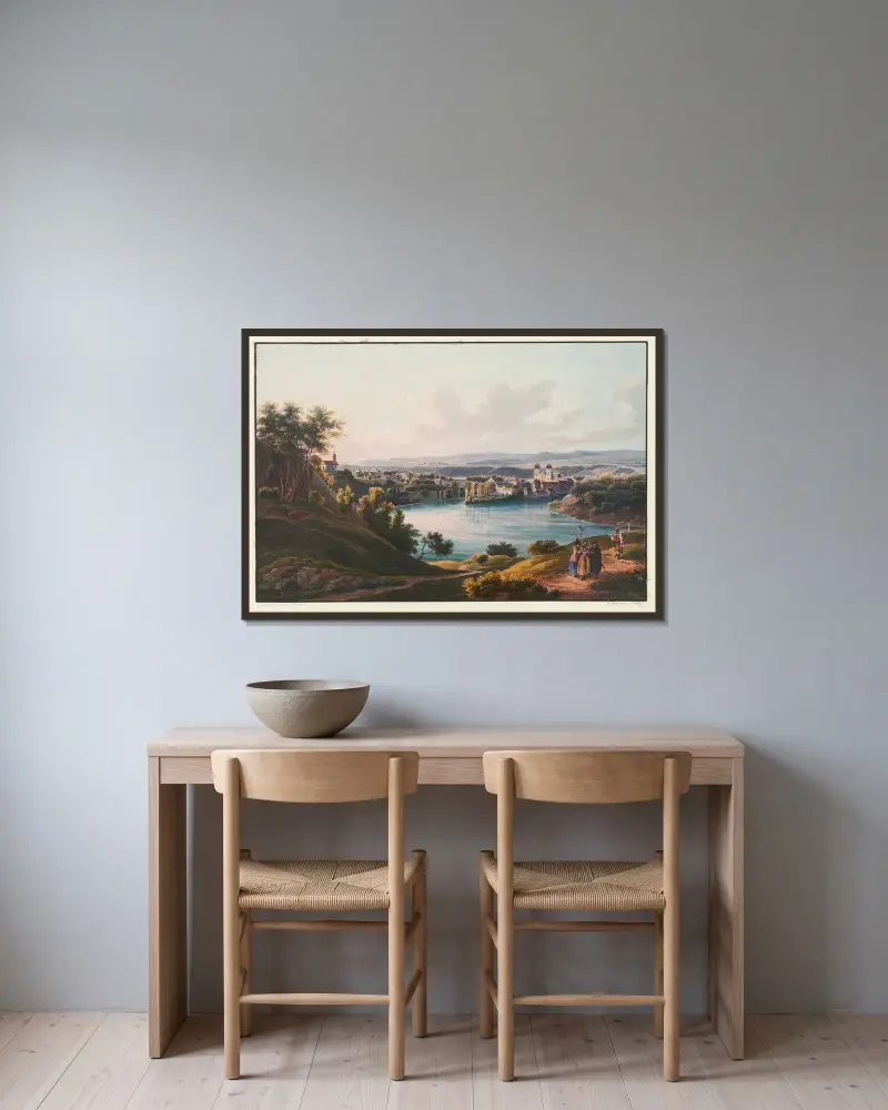 Vy över Rheinau kloster, kantonen Zürich av Johann Ludwig Bleuler inramad på en vägg