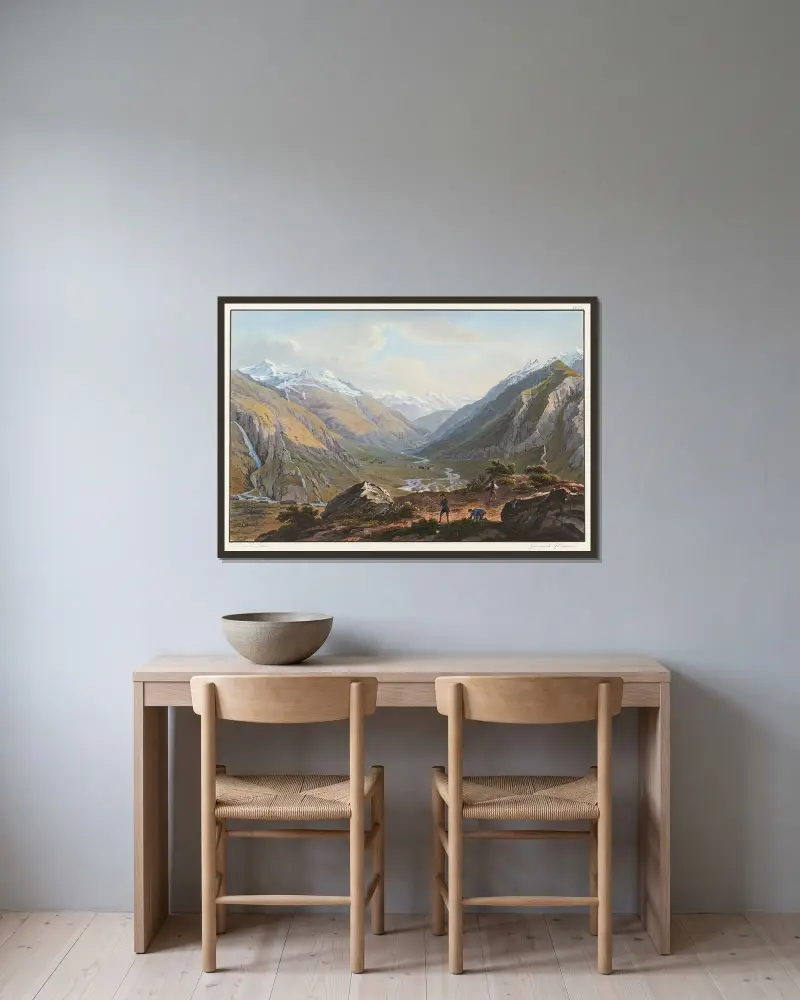 Vy från foten av Lucmanier mot Sainte-Marie och Medelsdalen av Johann Ludwig Bleuler inramad på en vägg