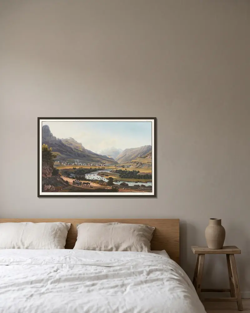 Vy av byn Zillis i Schamsdalen, på vägen från Via Mala, kantonen Graubünden av Johann Ludwig Bleuler inramad på en vägg