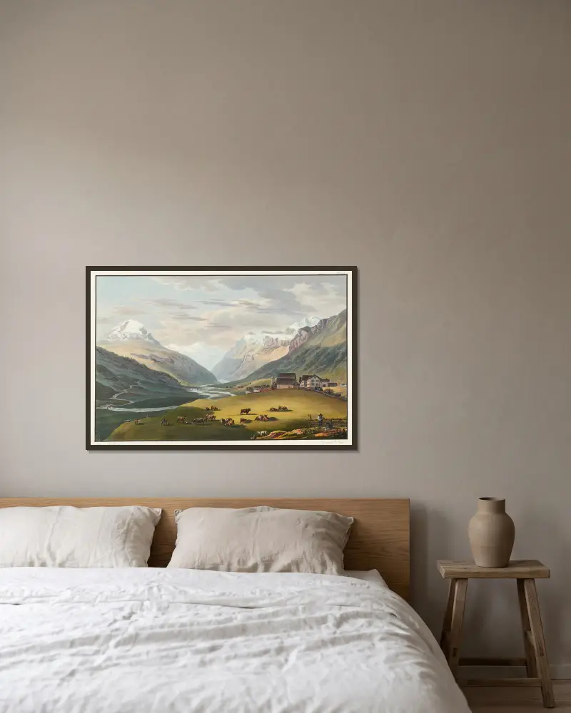 Vue du village Hinterrhein, et des premiérs pont sur le Rhein interieur; prise vers le glacier de Rheinwald av Johann Ludwig Bleuler inramad på en vägg