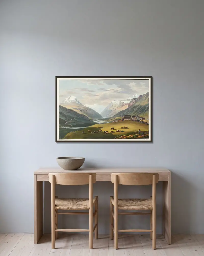 Vue du village Hinterrhein, et des premiérs pont sur le Rhein interieur; prise vers le glacier de Rheinwald av Johann Ludwig Bleuler inramad på en vägg