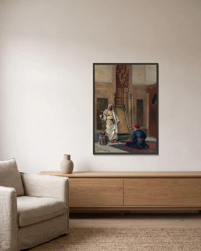 A musician and a guardsman in an oriental interior av Ludwig Deutsch inramad på en vägg