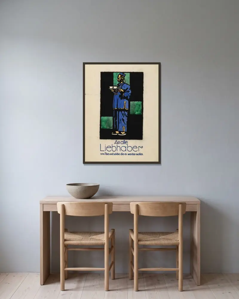 An alle Liebhaber von Tee und solche die es werden wollen von Ludwig Hohlwein gerahmt an einer Wand