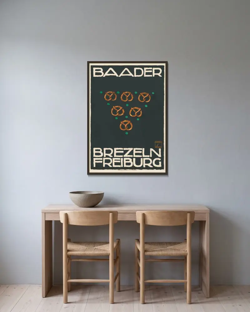 Baader Brezeln Freiburg von Ludwig Hohlwein gerahmt an einer Wand